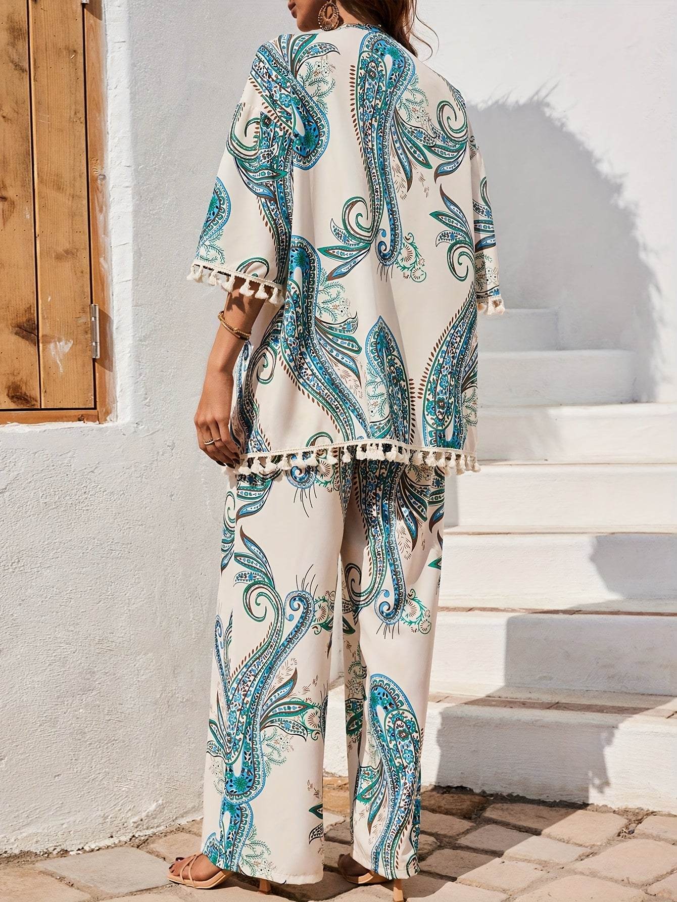 Women's Tropical Print Kimono Set - Lightweight 3/4 Sleeve Top & Pants - Buy Center