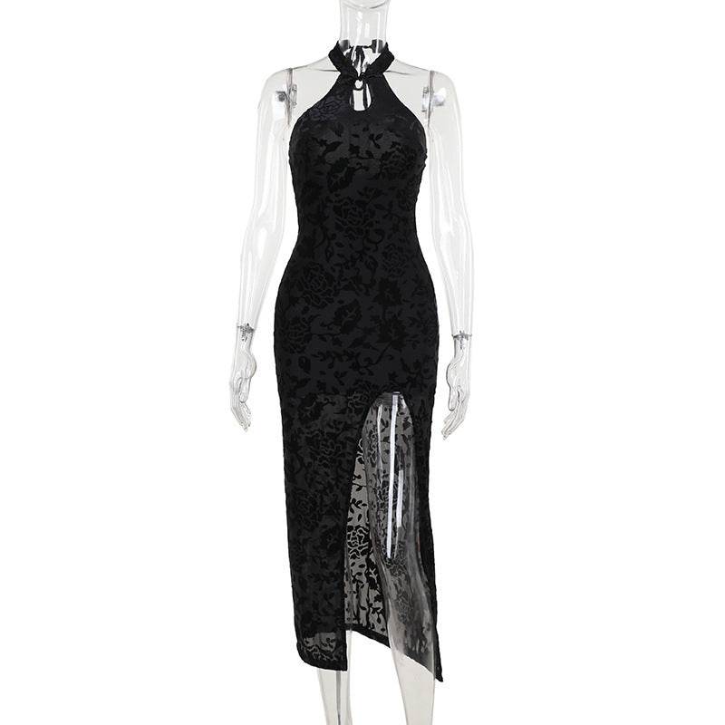 Flock Printing Slit Cheongsam Dress - High Waist Stylish Design for Women - Buy Center