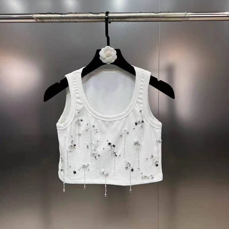 Stylish Sleeveless Gold Beaded Vest for Women - Casual Cotton Elegance - Buy Center