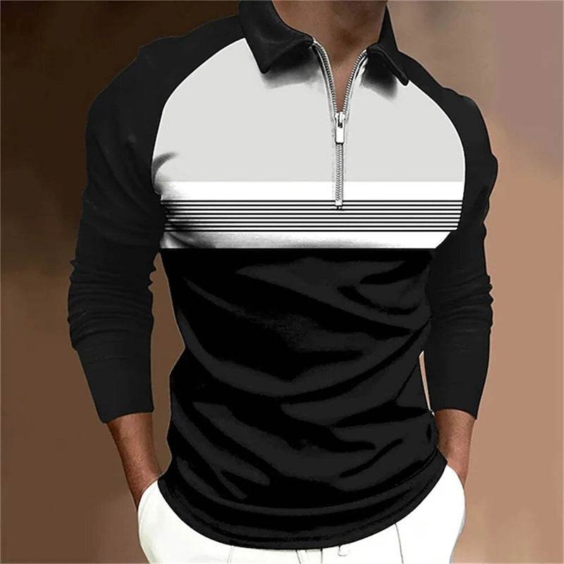 Men's Long Sleeve Color Matching Polo Shirt - Stylish Zipper T-Shirt Top - Buy Center