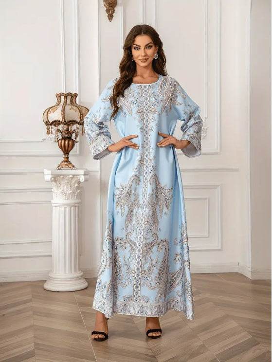 Buycenter Elegant Floral Print Abaya Dress - Long Sleeve, Micro Elastic - Buy Center