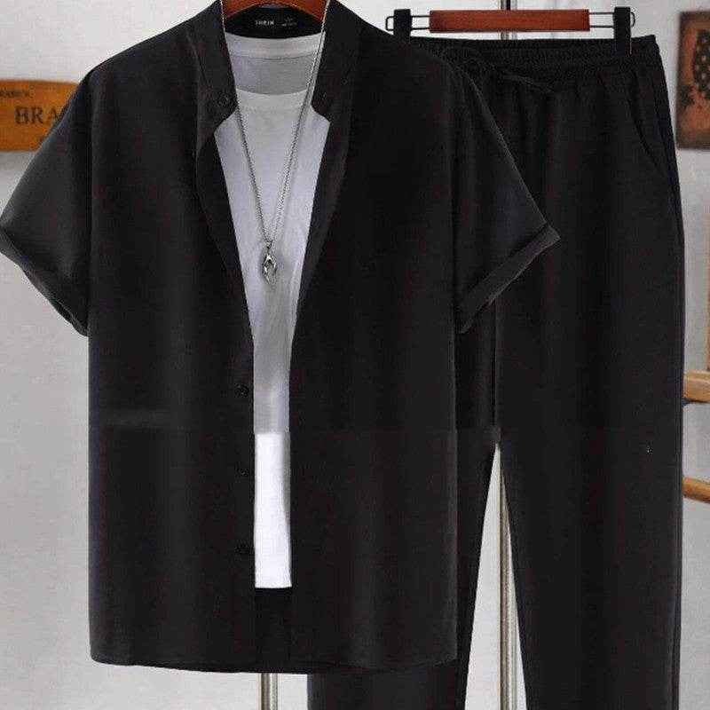 Men's Short Sleeve Cardigan Suit - Casual Summer Shirt & Pants Set
