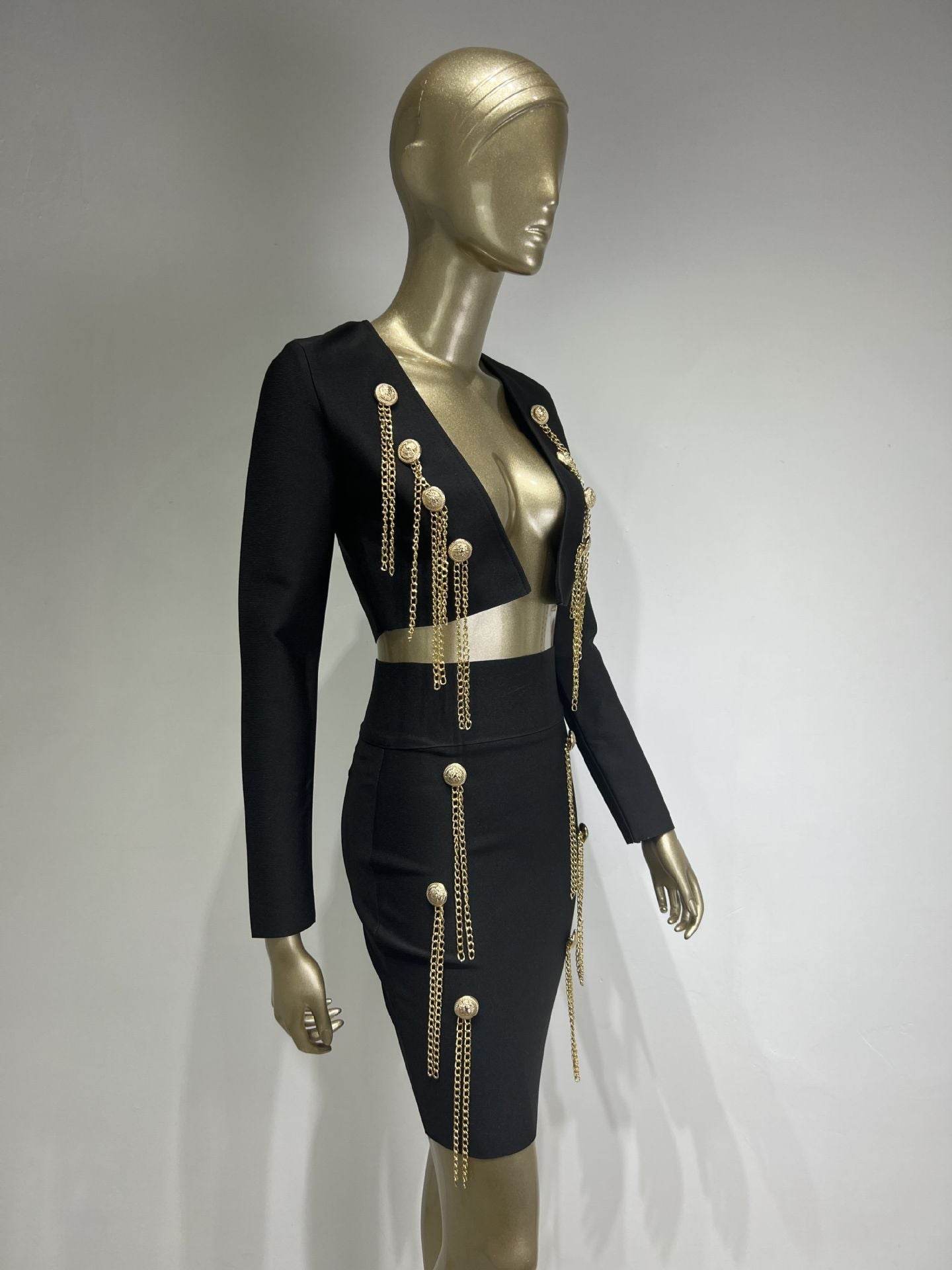 Buycenter Long Sleeve Bandage Suit - Stylish Button Chain Jumpsuit - Buy Center