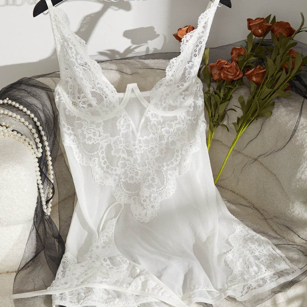 Elegant Cutout Sling Tulle Lace Pajamas for Women - See-Through Comfort - Buy Center