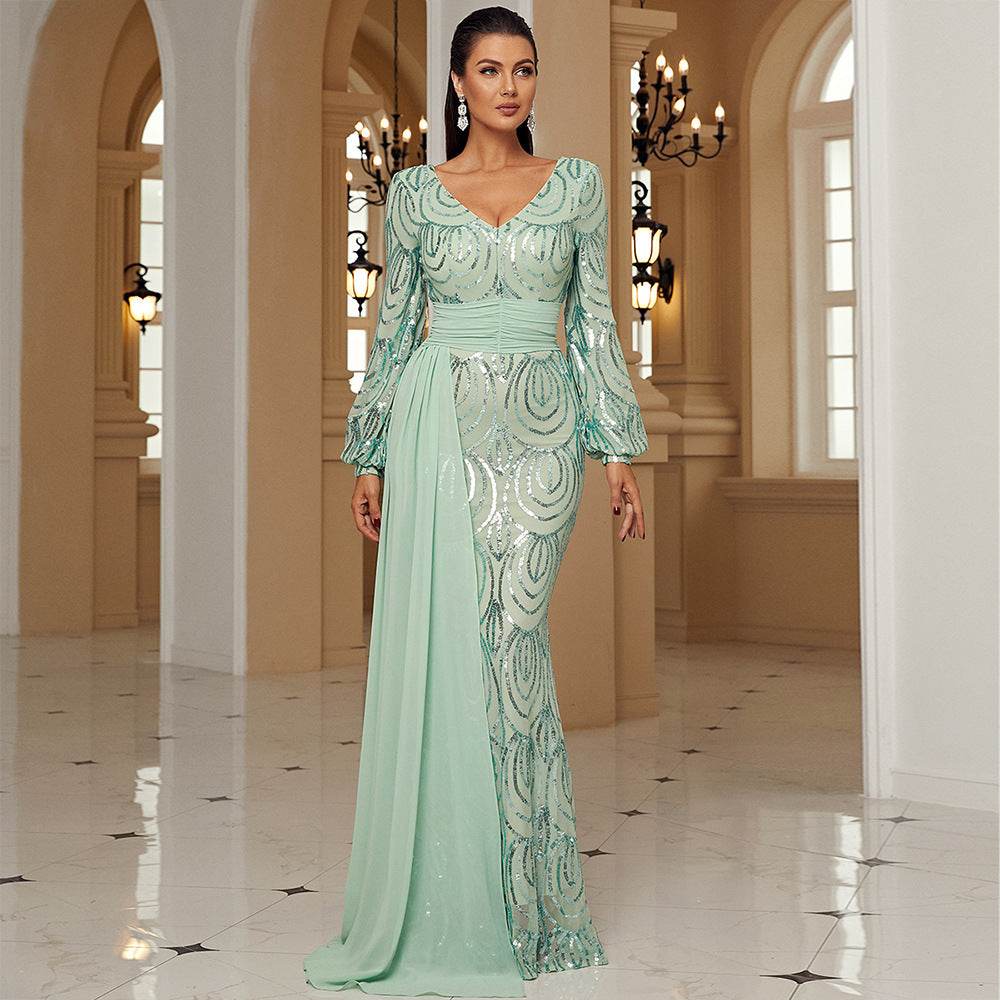 Elegant Long Sleeve Sequined V-Neck Dress - Perfect for Formal Events - Buy Center