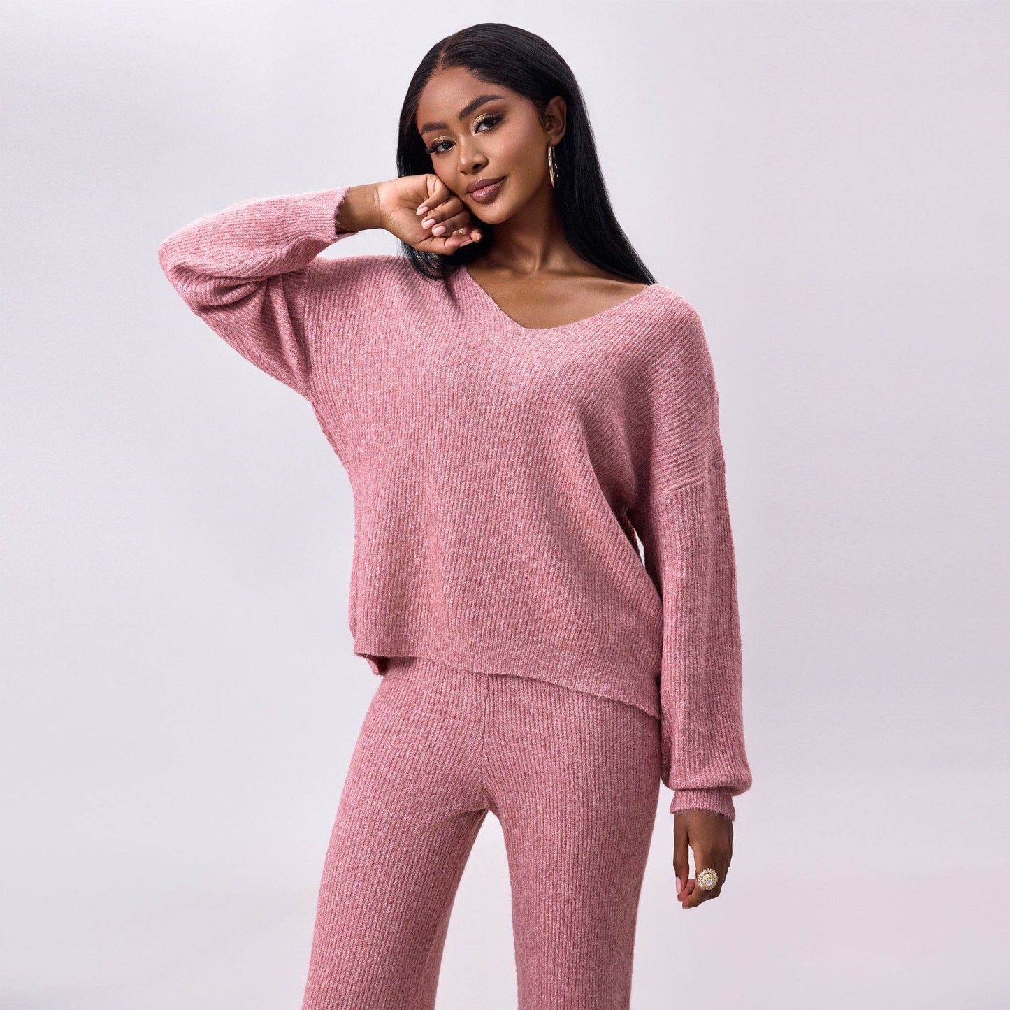 Stylish Knitted Sunken Stripe Long Sleeve Suit - Versatile Two-Piece Set - Buy Center