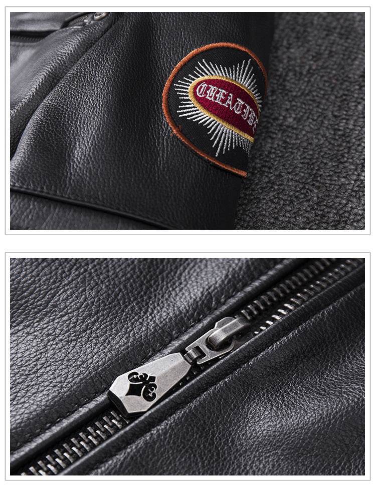 Men's Genuine Leather Motorcycle Jacket - Skull Design, Stand Collar - Buy Center