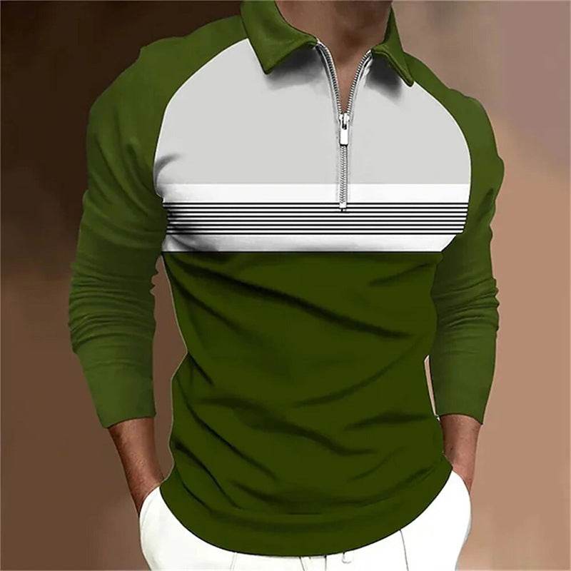 Men's Long Sleeve Color Matching Polo Shirt - Stylish Zipper T-Shirt Top - Buy Center