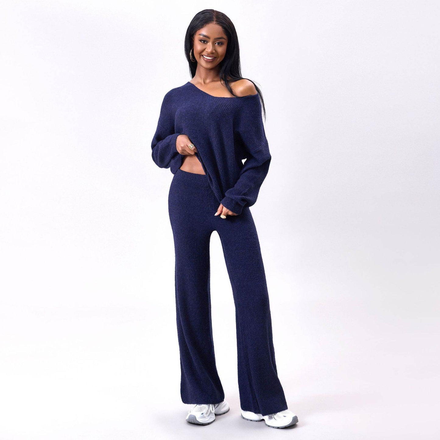 Stylish Knitted Sunken Stripe Long Sleeve Suit - Versatile Two-Piece Set - Buy Center