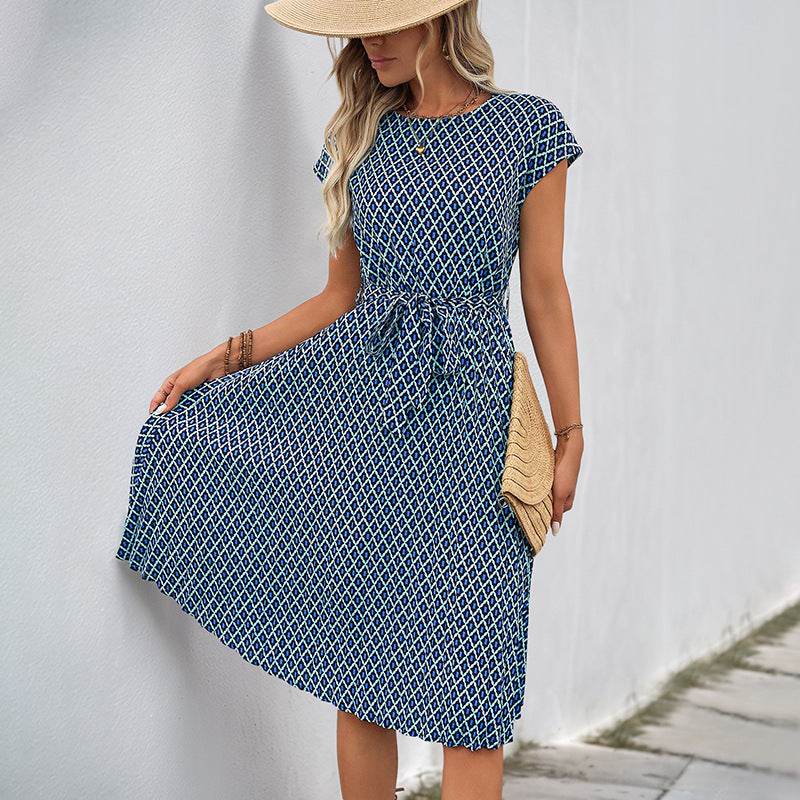 Elegant Round Neck Lace-Up Dress - Blue A-Line Flight Sleeve Style - Buy Center