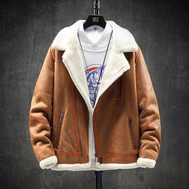 Short Lapel Men's Lamb Wool Jacket - Padded Plus Velvet in Khaki & Black - Buy Center