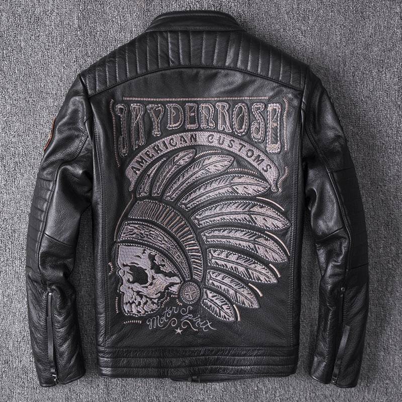 Men's Genuine Leather Motorcycle Jacket - Skull Design, Stand Collar - Buy Center
