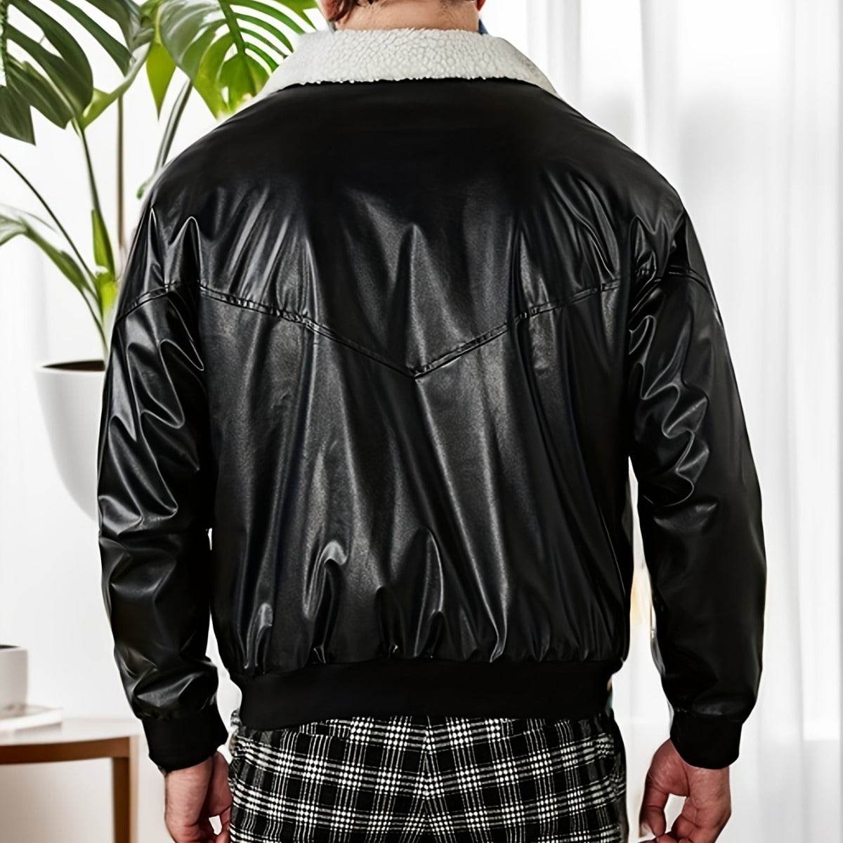 Men's Black PU Leather Coat - Thickened Fleece-Lined for Ultimate Warmth - Buy Center