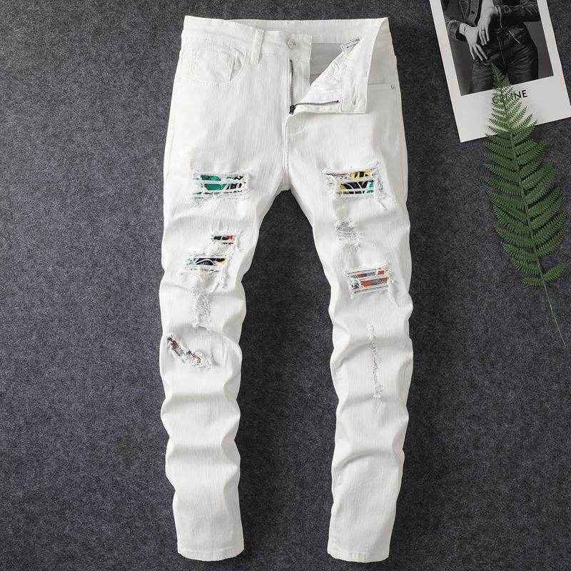 Men's Slim Fit White Ripped Jeans - Trendy Patchwork Style for 2025