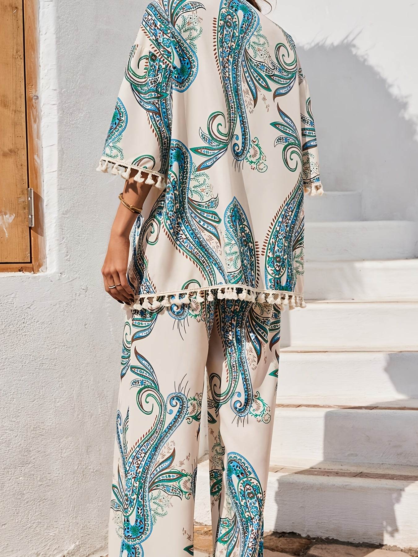 Elegant Women’s Peacock Print Kimono Top & Pants Set - Lightweight - Buy Center