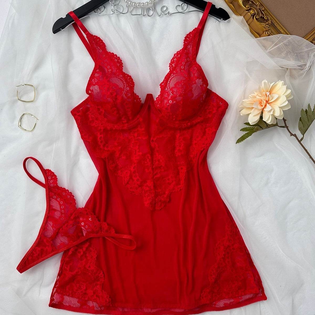 Elegant Cutout Sling Tulle Lace Pajamas for Women - See-Through Comfort - Buy Center