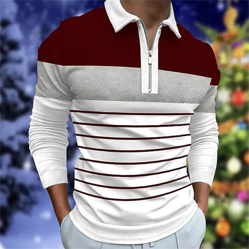 Men's Long Sleeve Color Matching Polo Shirt - Stylish Zipper T-Shirt Top - Buy Center