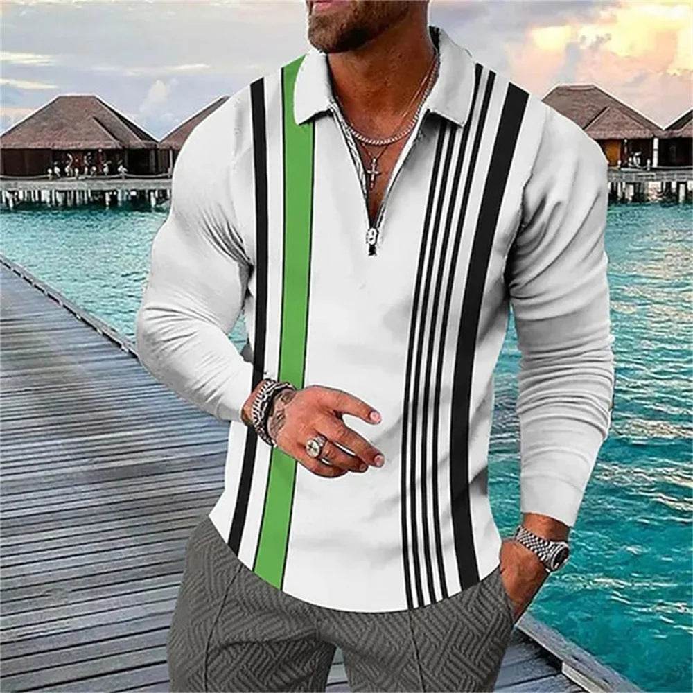 Men's Long Sleeve Color Matching Polo Shirt - Stylish Zipper T-Shirt Top - Buy Center