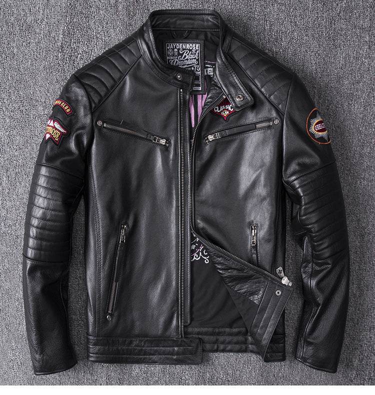 Men's Genuine Leather Motorcycle Jacket - Skull Design, Stand Collar - Buy Center