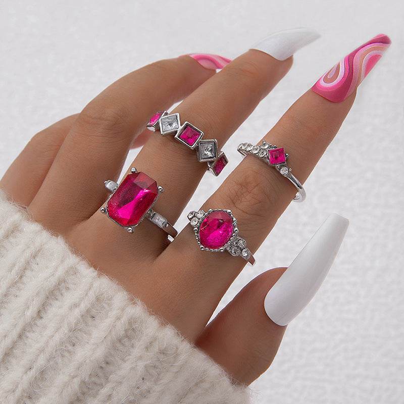 Buycenter Color Diamond Four-Piece Ring Set - Stylish Alloy Geometry - Buy Center