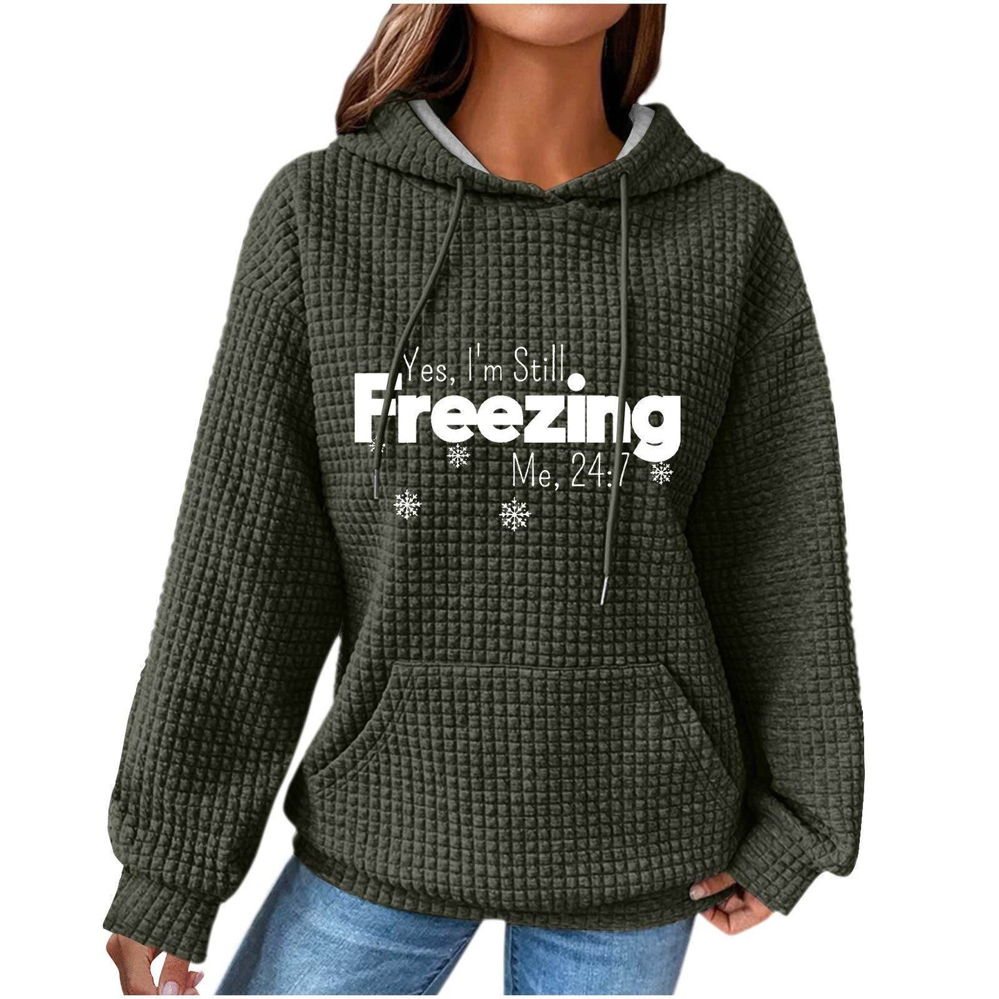 Women's Olive Green Hooded Waffle Sweater - Trendy Patchwork Design - Buy Center