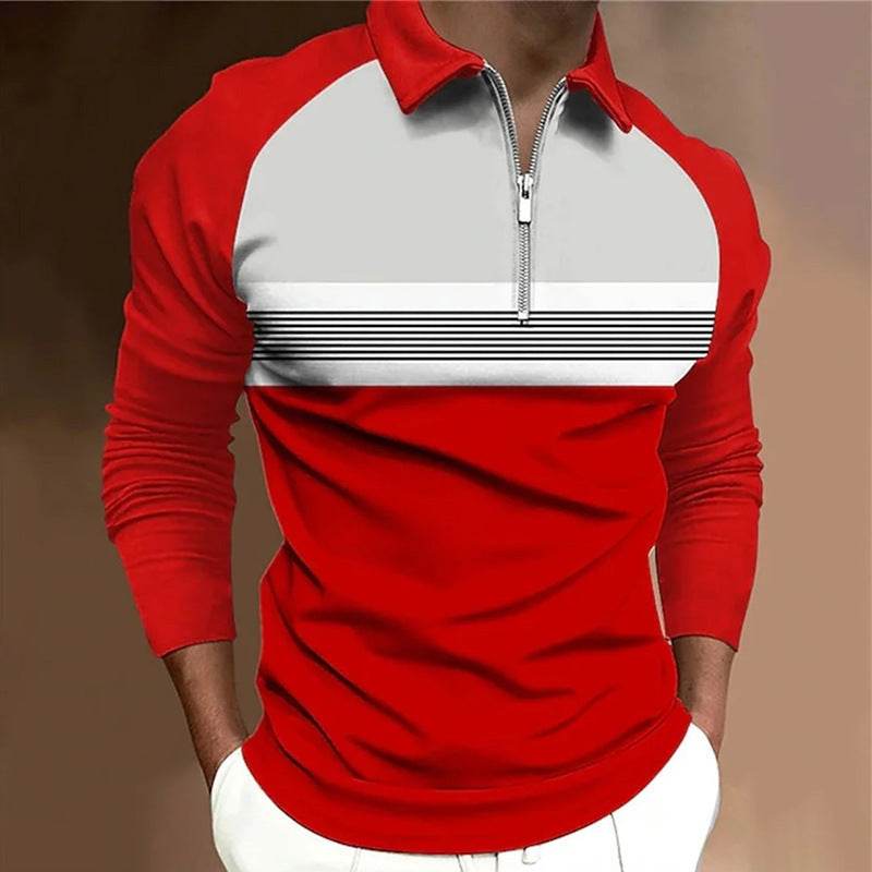 Men's Long Sleeve Color Matching Polo Shirt - Stylish Zipper T-Shirt Top - Buy Center
