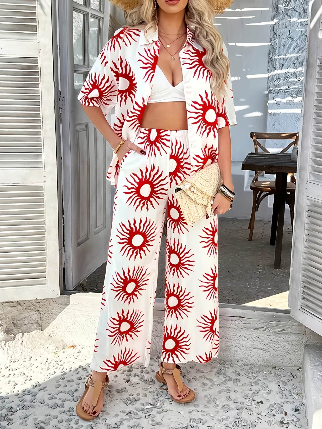 Summer Bohemian Color-Block Shirt & Wide-Leg Pants Set - Elegant Style - Buy Center