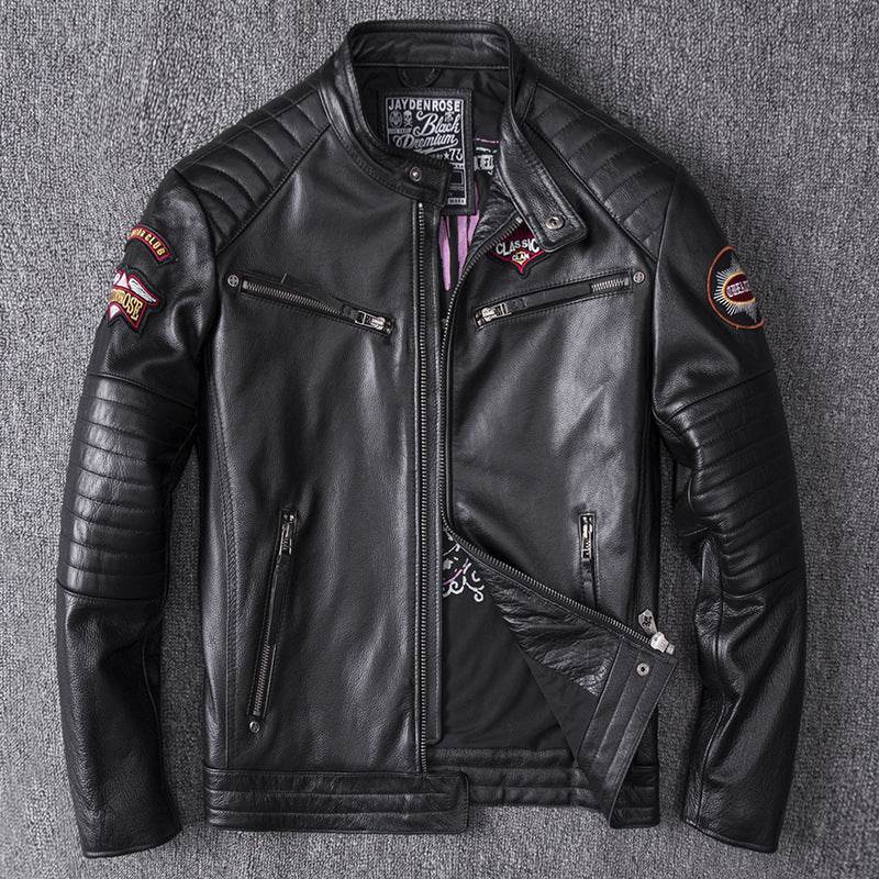 Men's Genuine Leather Motorcycle Jacket - Skull Design, Stand Collar - Buy Center