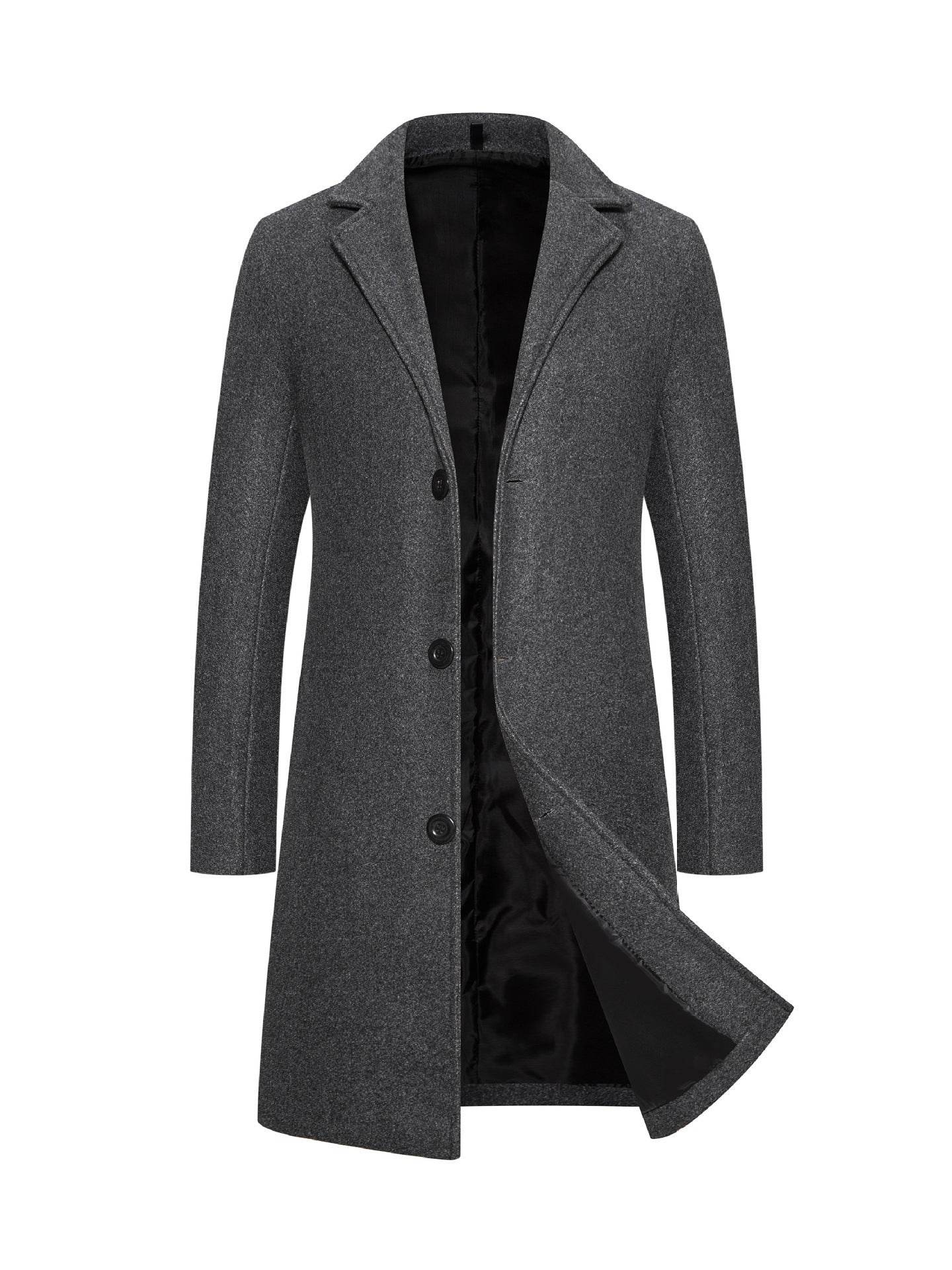 Men's Slim-Fit Woolen Coat - Stylish Mid-Length Trench with Lapel Collar - Buy Center
