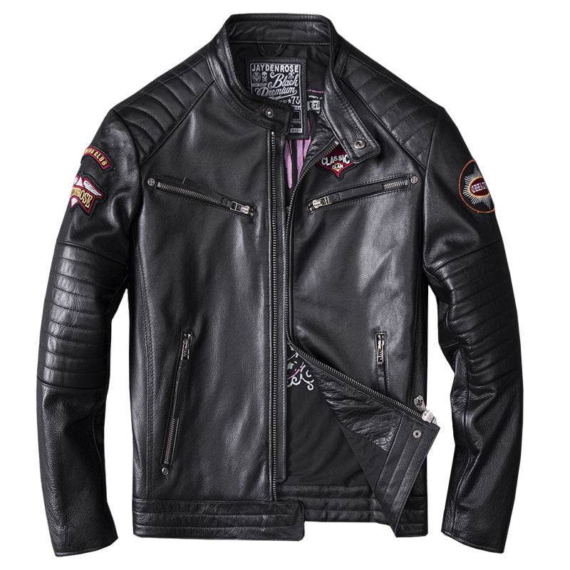 Men's Genuine Leather Motorcycle Jacket - Skull Design, Stand Collar - Buy Center