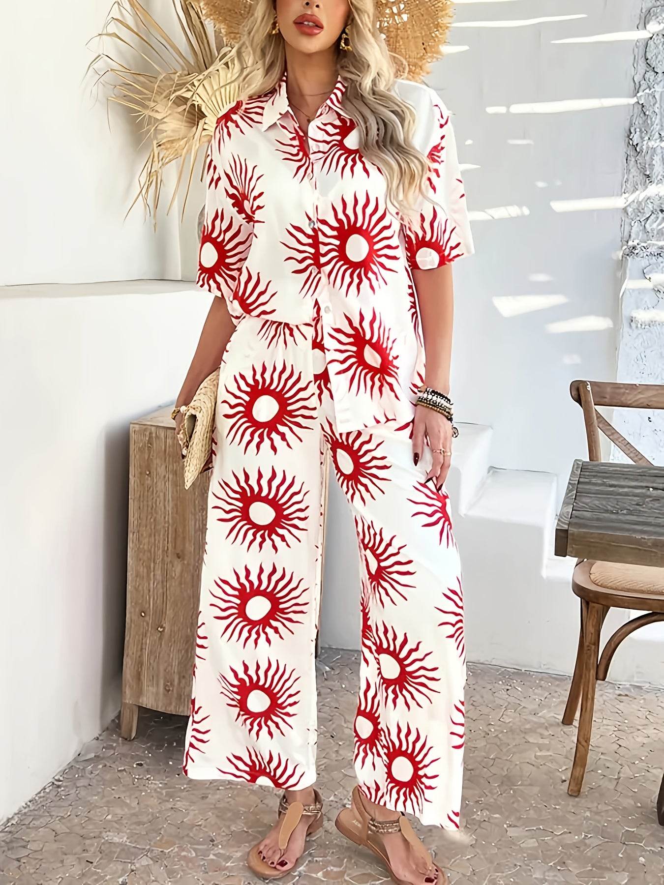 Summer Bohemian Color-Block Shirt & Wide-Leg Pants Set - Elegant Style - Buy Center