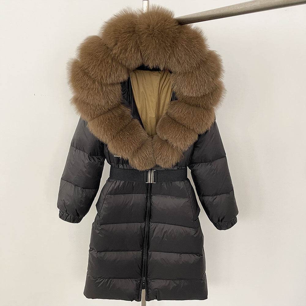 Women's Long Hoodie Coat - Real Fox Fur Collar, Padded Warmth 2025 - Buy Center