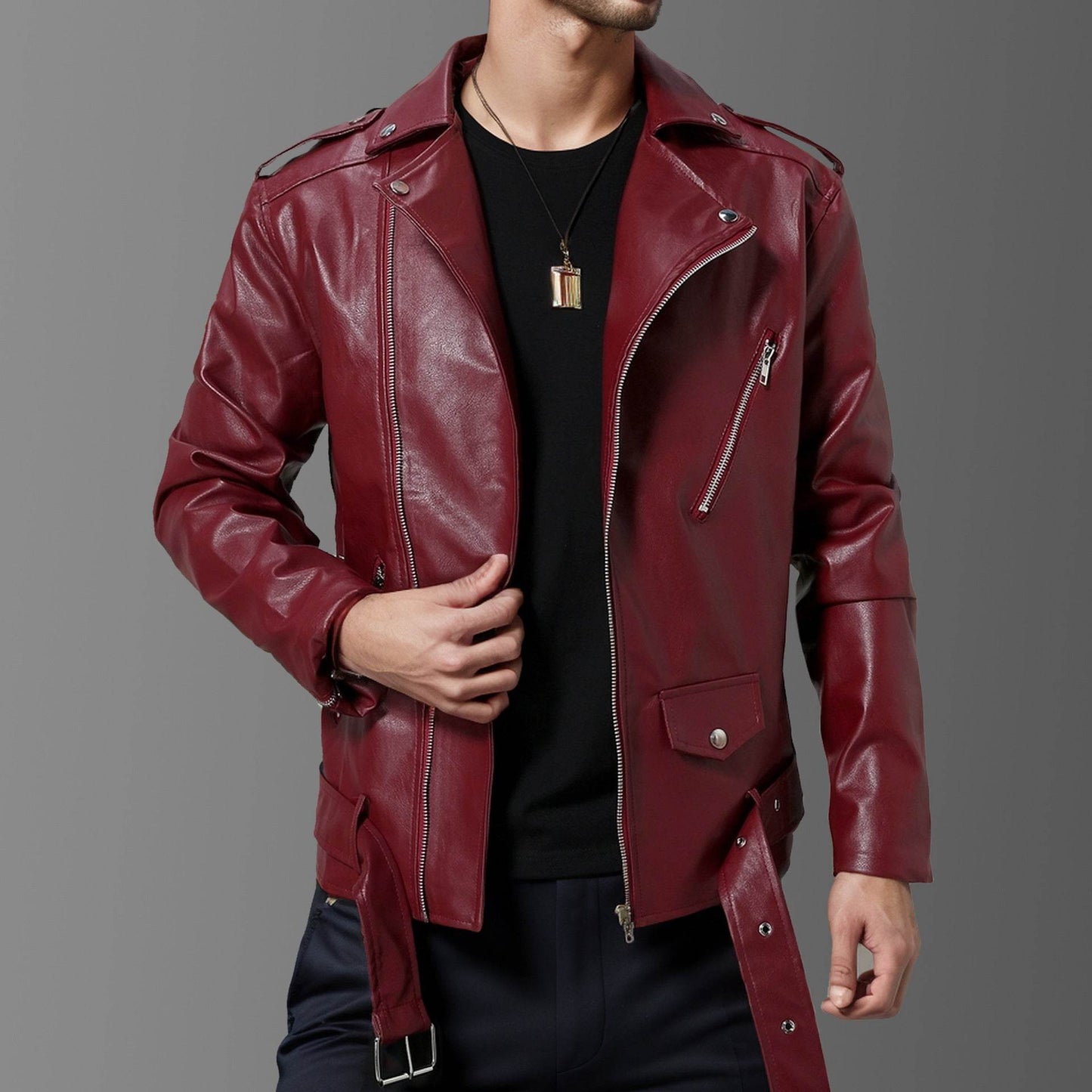 Slim Fit Lapel Leather Jacket - Premium Stylish Modal Fabric for Men - Buy Center