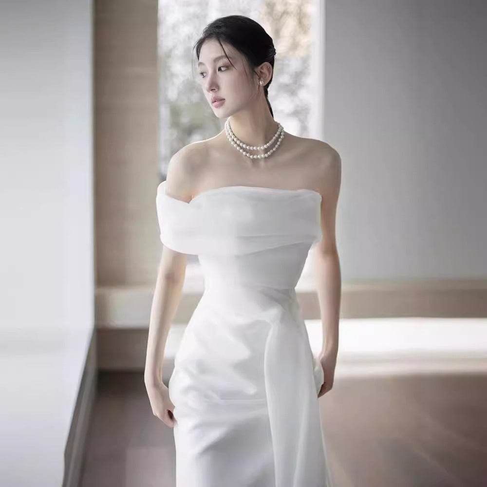 Elegant French Off-Shoulder Wedding Dress - Stylish Light White Gown - Buy Center