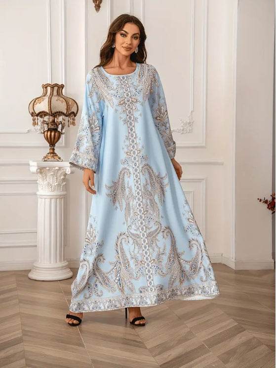 Buycenter Elegant Floral Print Abaya Dress - Long Sleeve, Micro Elastic - Buy Center