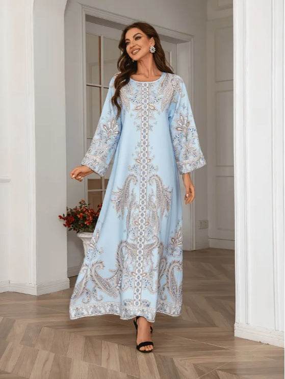 Buycenter Elegant Floral Print Abaya Dress - Long Sleeve, Micro Elastic - Buy Center