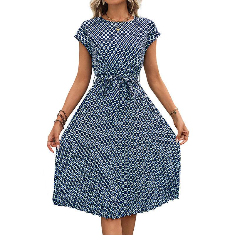 Elegant Round Neck Lace-Up Dress - Blue A-Line Flight Sleeve Style - Buy Center