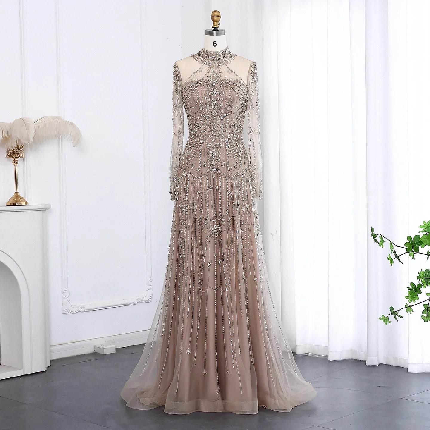 Sharon Said Blue Long Sleeve Evening Dress - High Neck & Beaded Detail - Buy Center