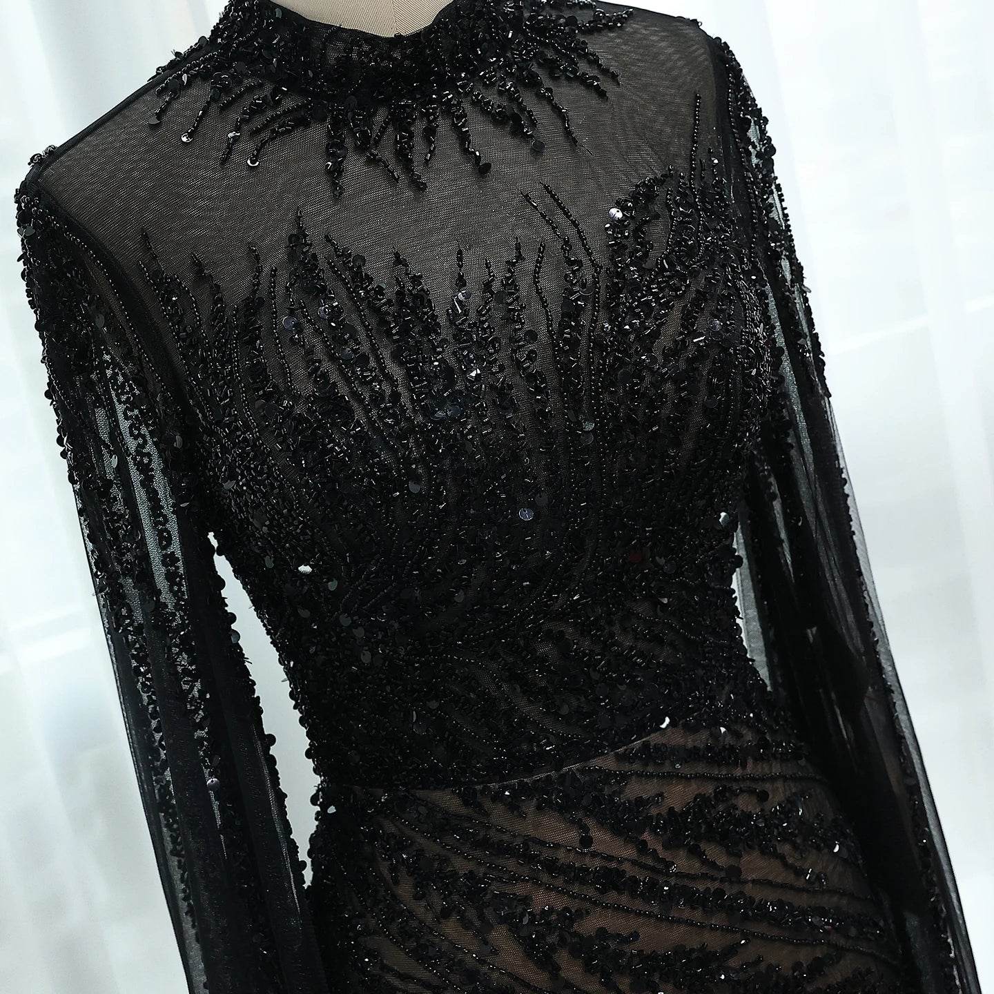 Sharon Said Black Nude Mermaid Evening Dress - High Neck, Cape Sleeves - Buy Center