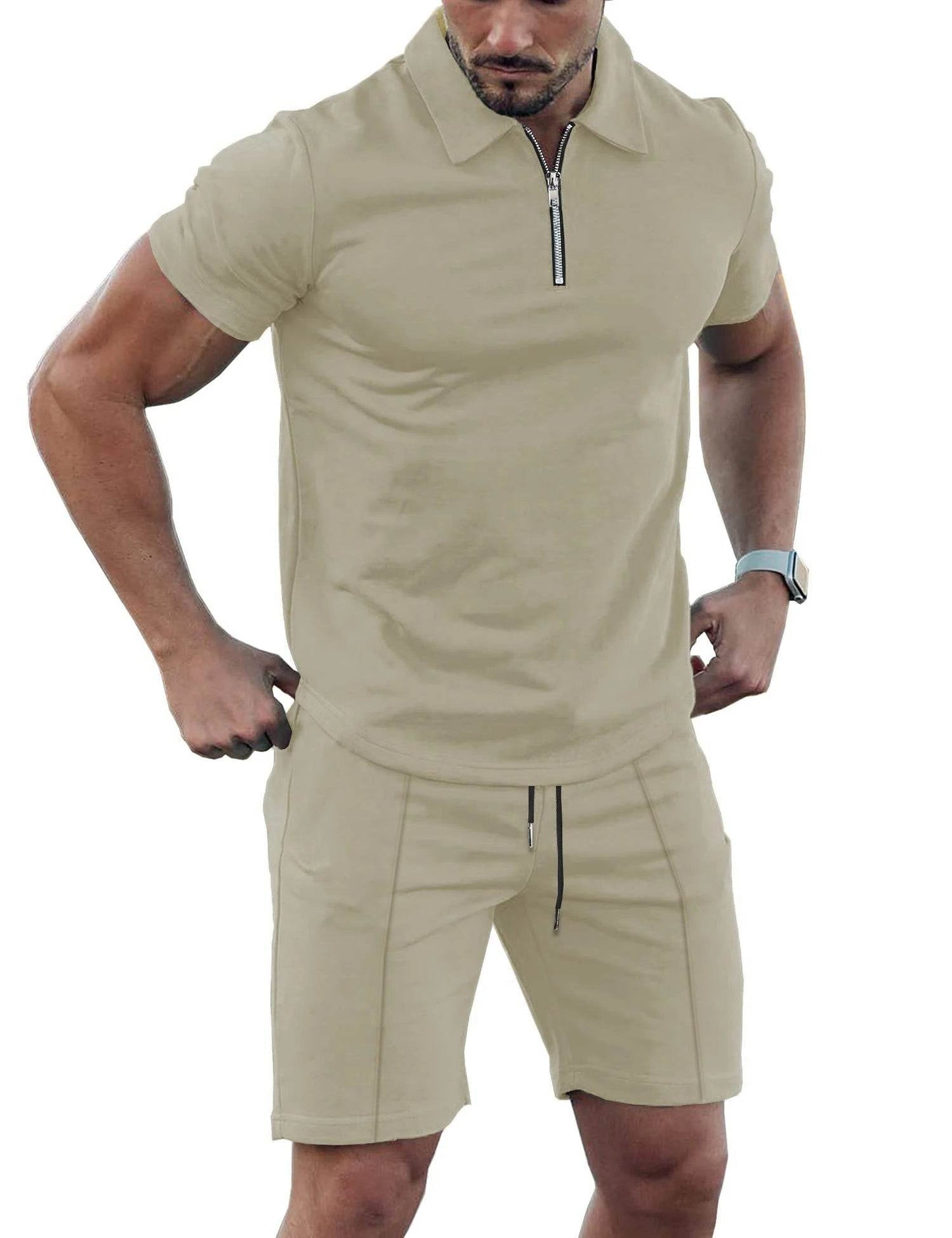 Men's Solid Color Sports Suit - Zip Up Polo Shirt & Drawstring Shorts - Buy Center