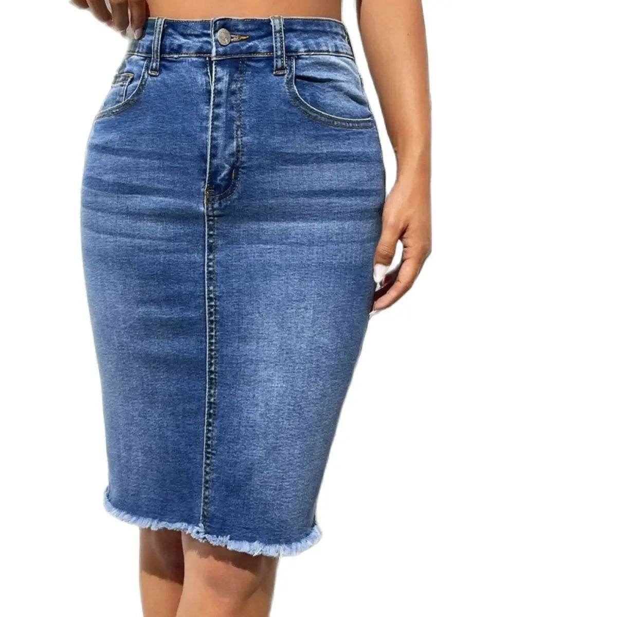 Angelhao Women's High Elastic Slim Denim Skirt - Casual Knee-Length Style - Buy Center