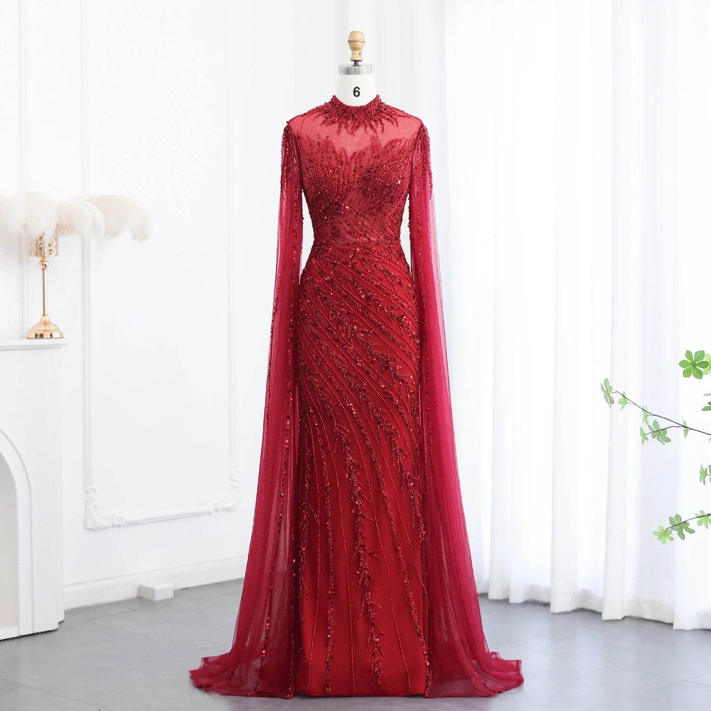 Sharon Said Black Nude Mermaid Evening Dress - High Neck, Cape Sleeves - Buy Center