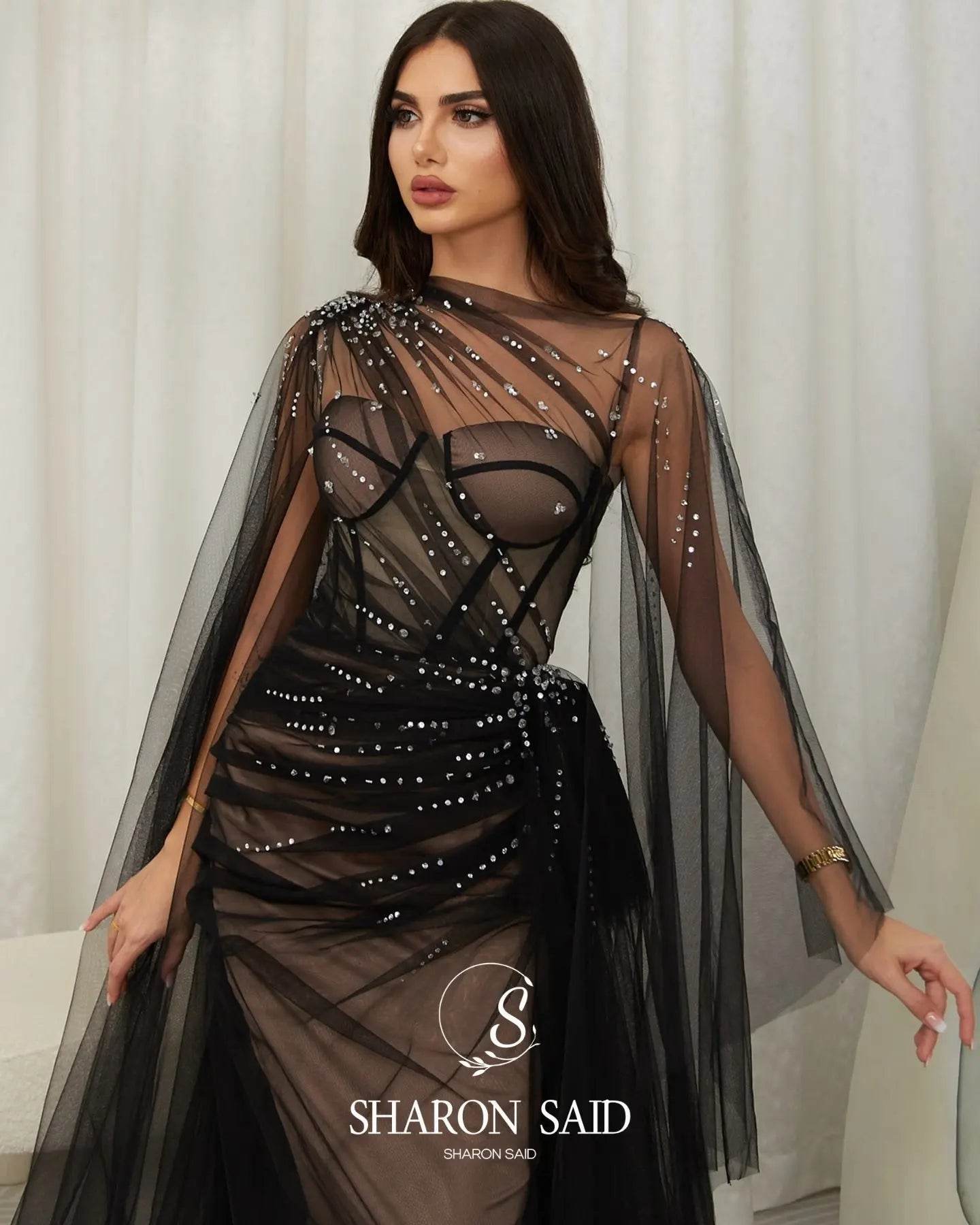 Sharon Said Elegant Black Evening Dress with Crystal Cape Sleeves - Buy Center