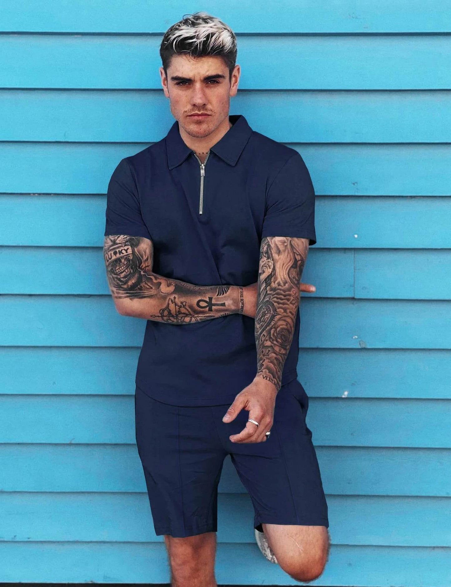 Men's Solid Color Sports Suit - Zip Up Polo Shirt & Drawstring Shorts - Buy Center