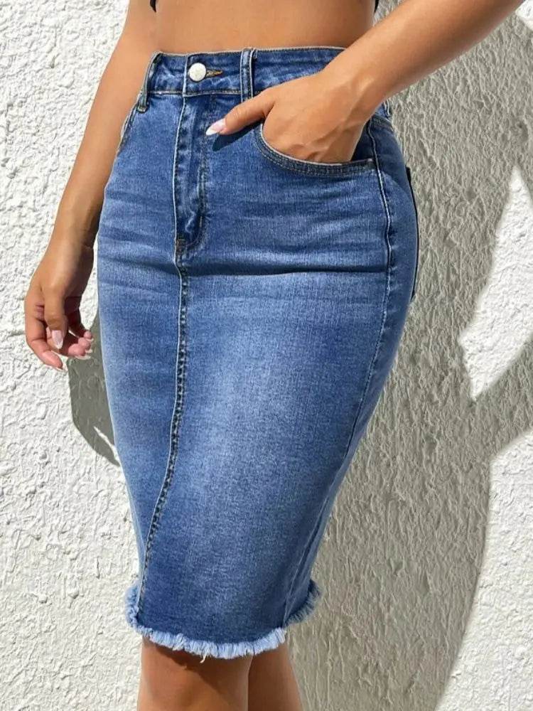 Angelhao Women's High Elastic Slim Denim Skirt - Casual Knee-Length Style - Buy Center