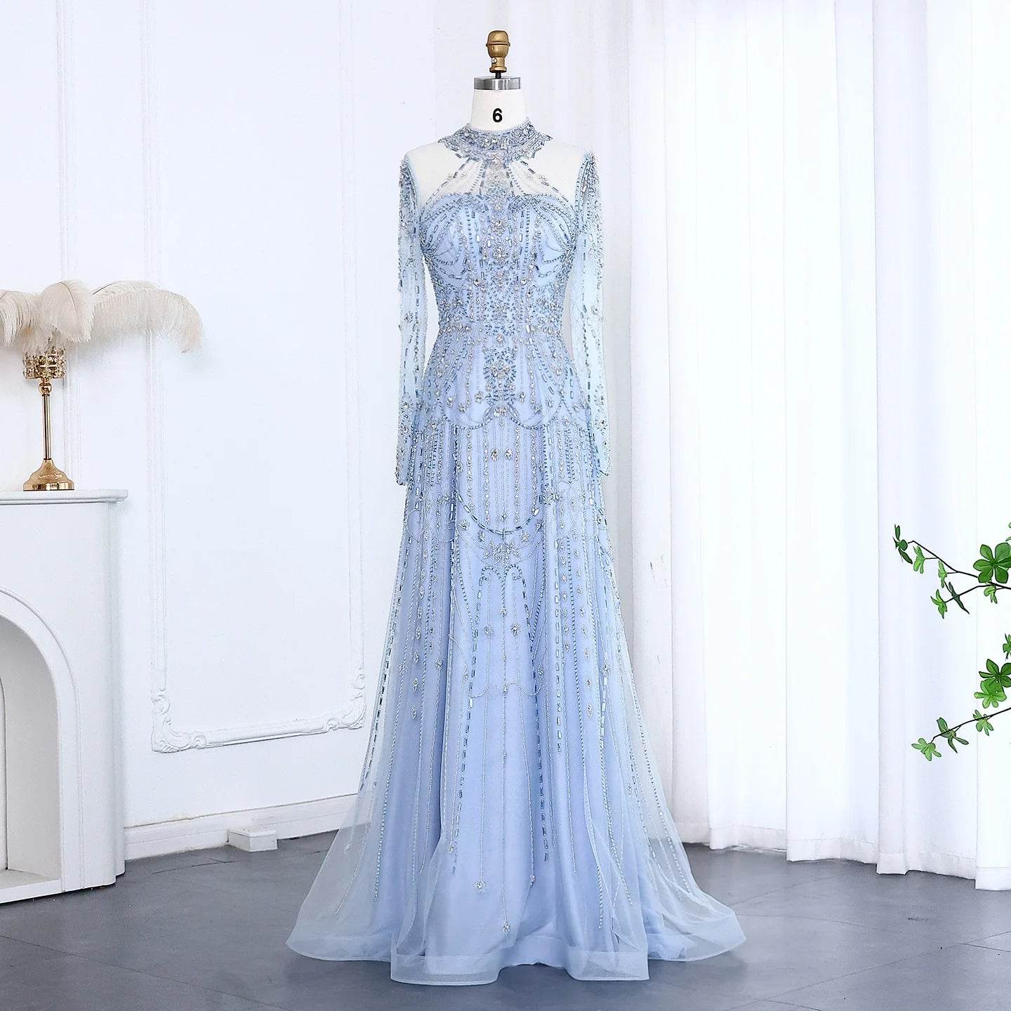 Sharon Said Blue Long Sleeve Evening Dress - High Neck & Beaded Detail - Buy Center