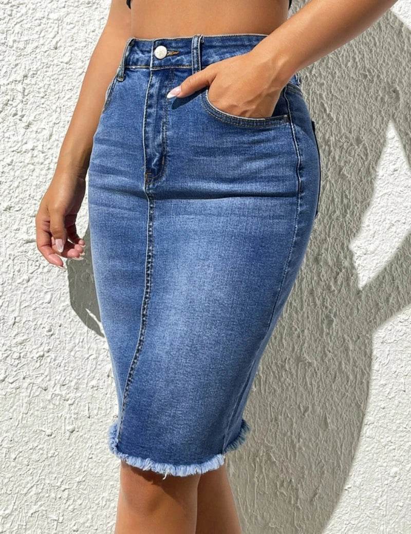Angelhao Women's High Elastic Slim Denim Skirt - Casual Knee-Length Style - Buy Center