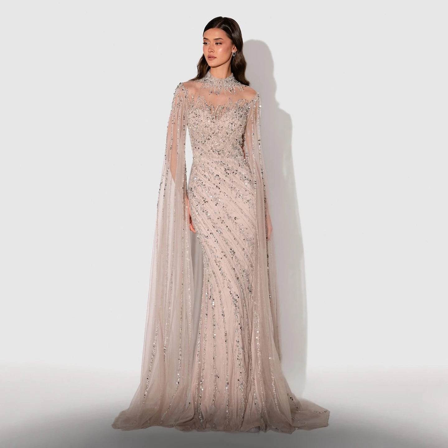 Sharon Said Black Nude Mermaid Evening Dress - High Neck, Cape Sleeves - Buy Center