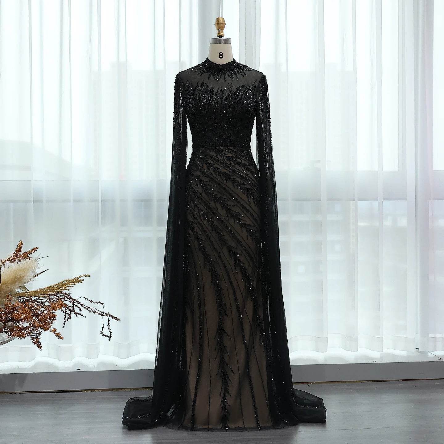 Sharon Said Black Nude Mermaid Evening Dress - High Neck, Cape Sleeves - Buy Center