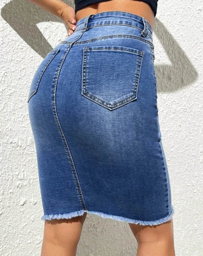 Angelhao Women's High Elastic Slim Denim Skirt - Casual Knee-Length Style - Buy Center